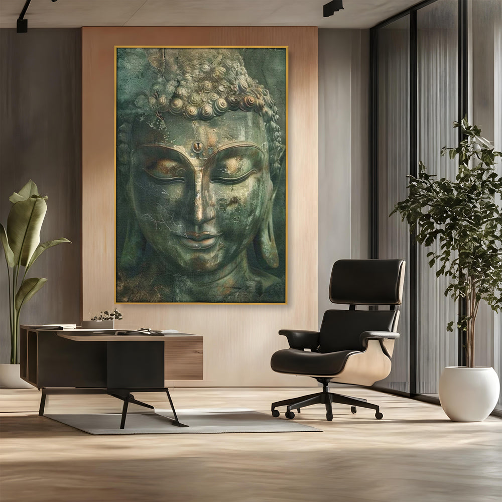 Tablou canvas cu tablou canvas cu portretul lui buddha, in rama de aluminiu auriu, pe perete intr-un birou